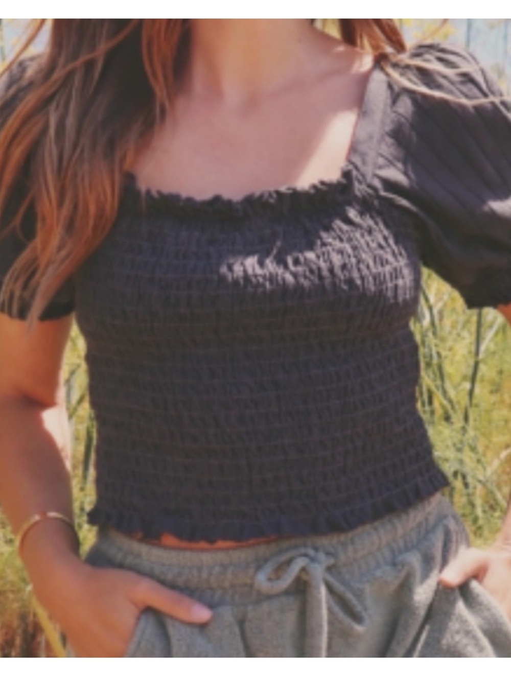 PEOPLE OF LEISURE Organic Cotton Smocked Grey Puff Sleeve Crop Top